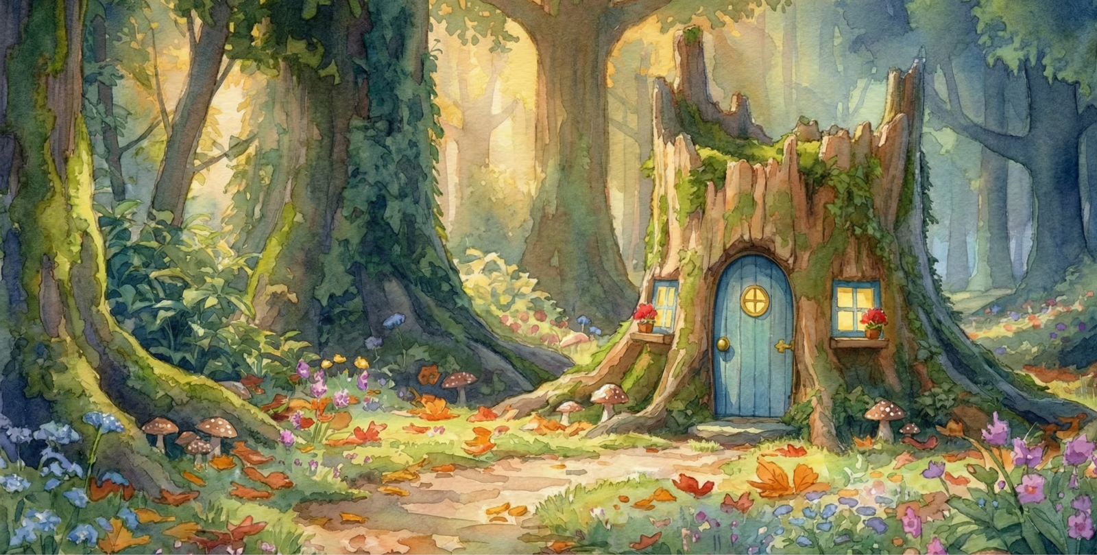 A whimsical tree stump house with a blue door and windows sits in a sunlit forest clearing, surrounded by flowers, mushrooms, and fallen leaves—an enchanting scene reminiscent of classic picture books. Sunlight streams through tall trees in the background, inviting curious creatures like Snoop Hog to explore this magical woodland setting.
